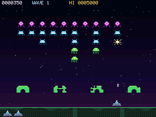 Alien Tide gameplay: rows of aliens above shields and a cannon