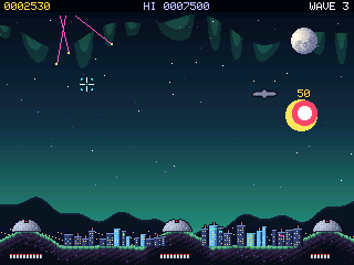 City Shield: warhead trails falling towards a night-time city skyline defended by three bases