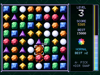 Gem Cascade: a board of faceted gems with a flame gem glowing