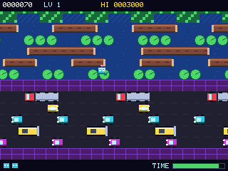 Hop Rush: a little robot crossing traffic lanes and a river of logs