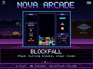 The Nova Arcade launcher showing game cards on a neon grid