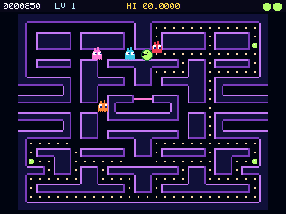 Maze Munch: a green munch-bot in a neon maze chased by four wisps