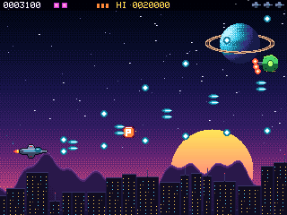 Nova Lance gameplay: a ship firing at enemies over a synthwave city