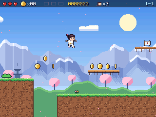 Pixel Peaks: a little girl in a judo gi running past cherry trees below snowy mountains