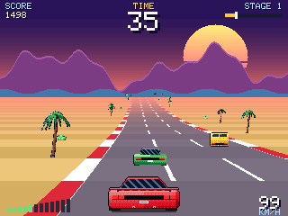 Turbo Horizon: a red sports car on a highway lined with palm trees towards a setting sun